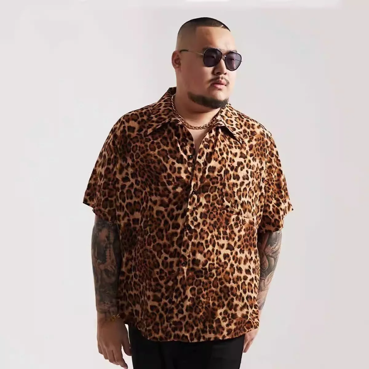 

Summer Large Size 300 Pounds Design Sense Leopard Print Men's Shirt Hong Kong Style Trendy Loose Handsome Short Sleeve Shirt