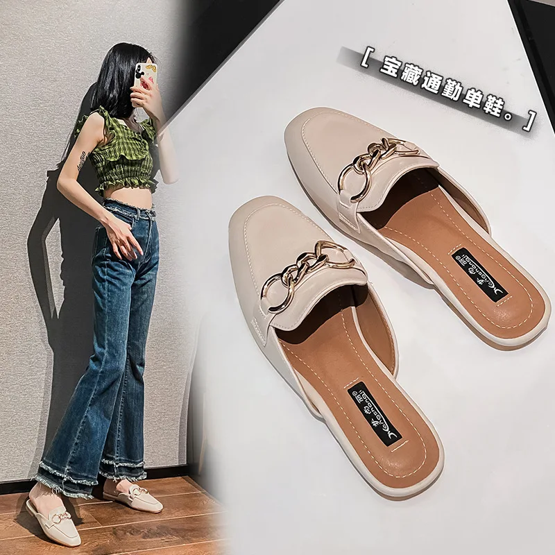 Shoes Woman\'s Slippers Slides Cover Toe Low Loafers Rivet Fashion Female Mule 2024 Summer Flat Luxury Mules Hoof Heels Fabric Ru