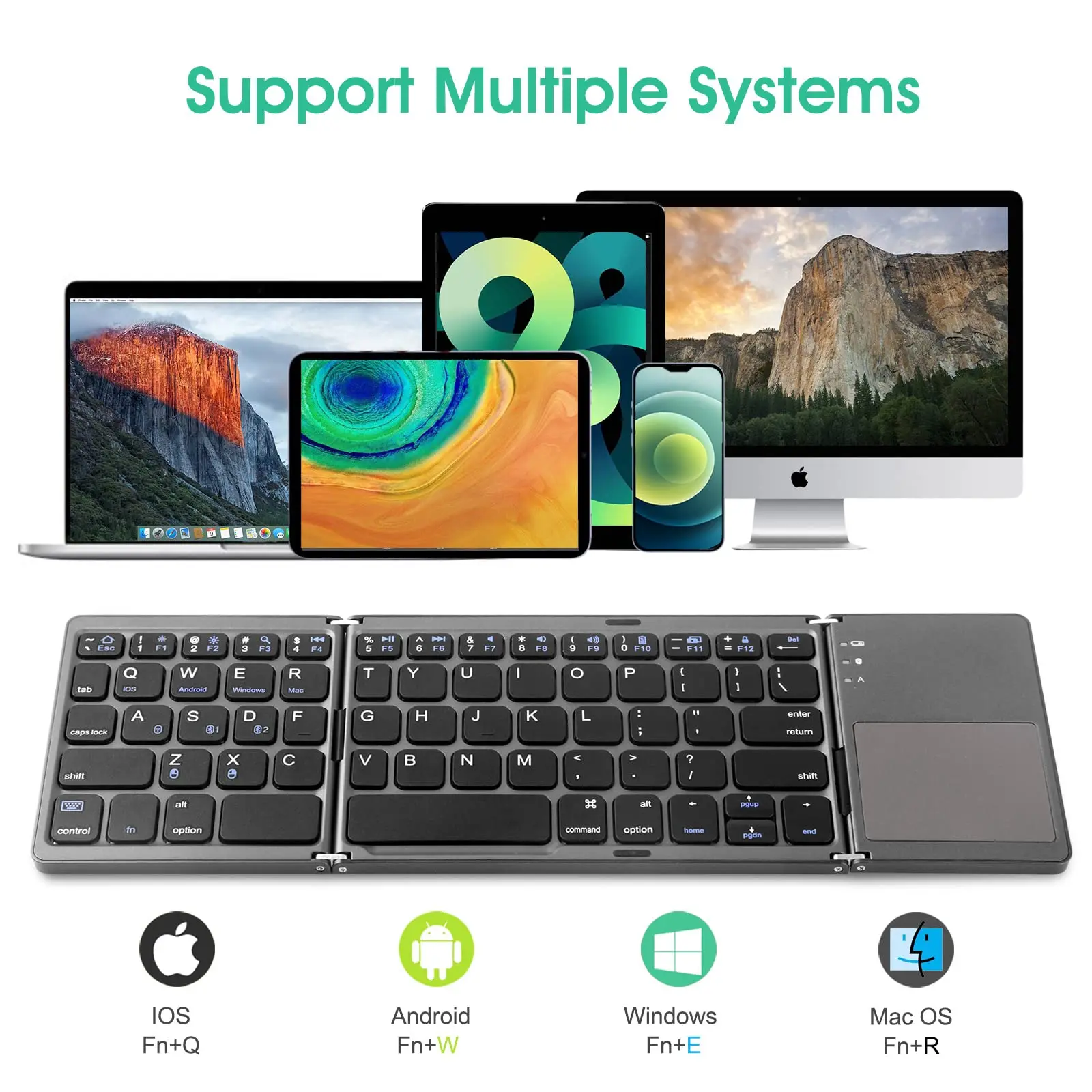 Clavier Bluetooth pliable avec support, clavier sans fil portable, support aste, taille de poche, Android, Windows, IOS, table