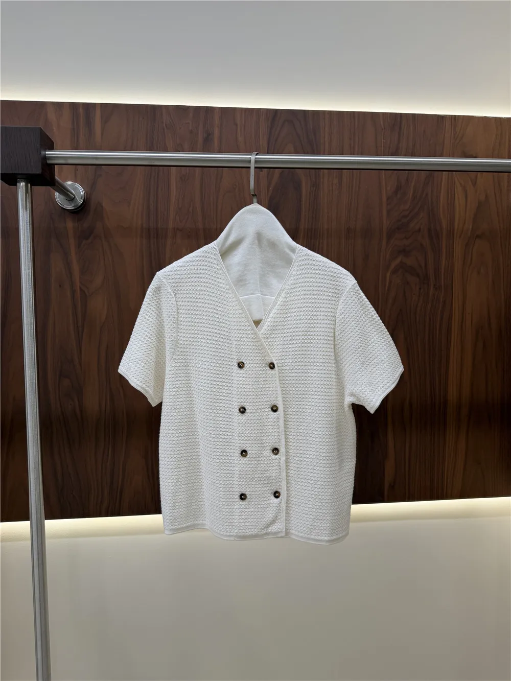 Women’s V Neck Cotton Double-Breasted Short-Sleeve Cardigan Paired with High-Waisted Straight-Leg Pants Knit Set