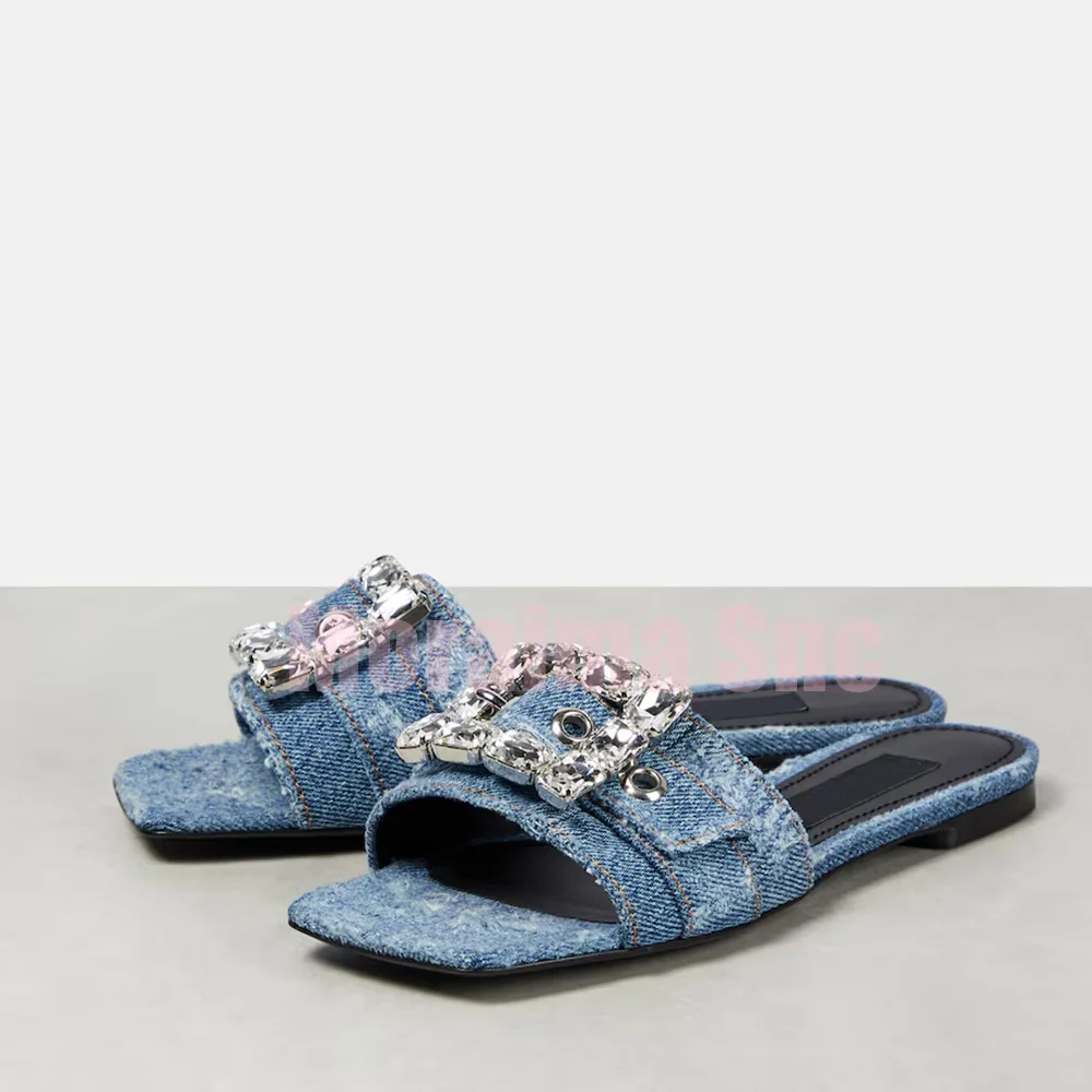 

Crystal Embellished Denim Slippers Square Toe Flat With Fashion Women's Summer Shoes Slipper Outdoor Slip On 2025 New Arrivals