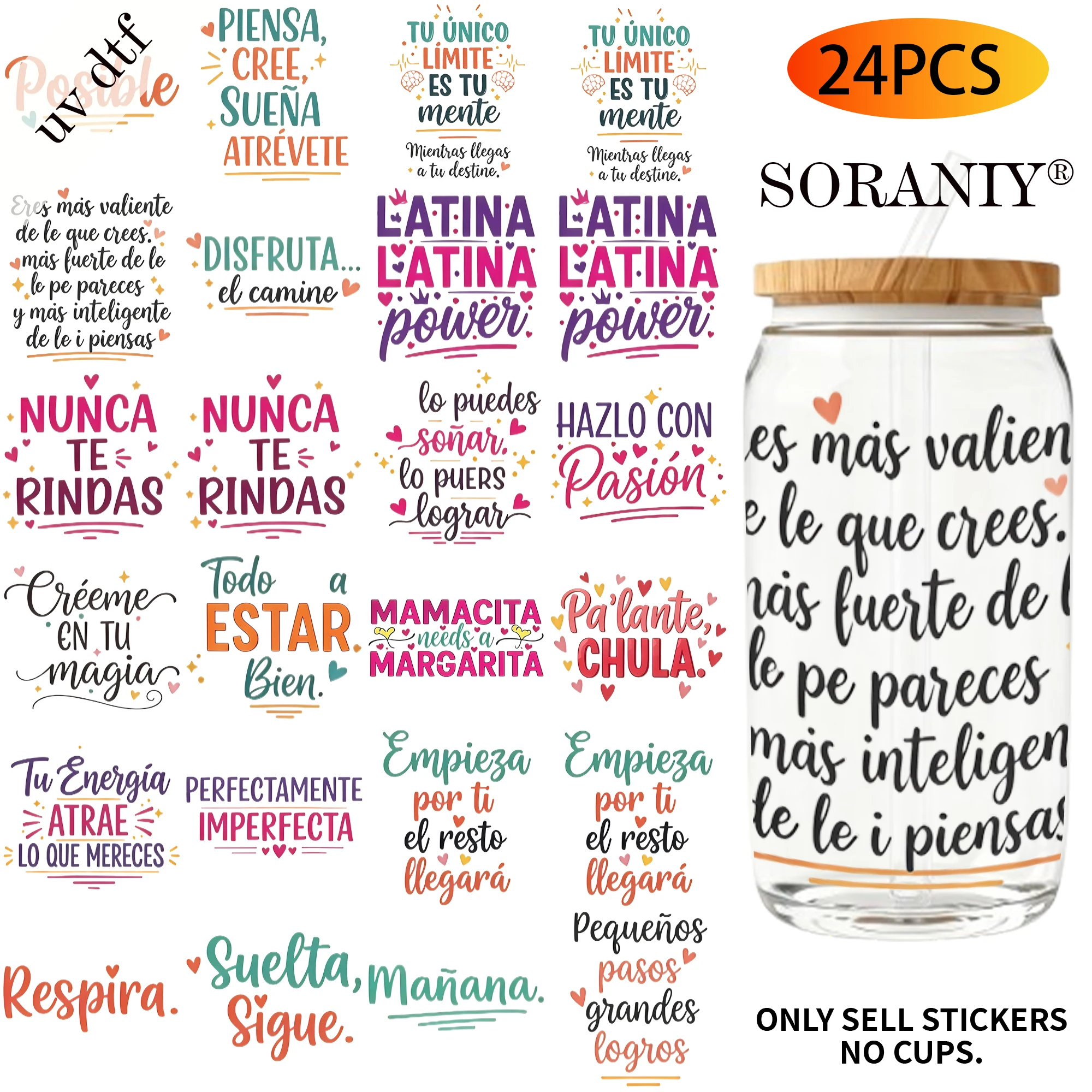 UV DTF Cup Stickers - 24Pcs/Set Spanish Latina Motivational Text Waterproof 16Oz Glass Jar DIY Transfer Decal, High Viscosity Ea