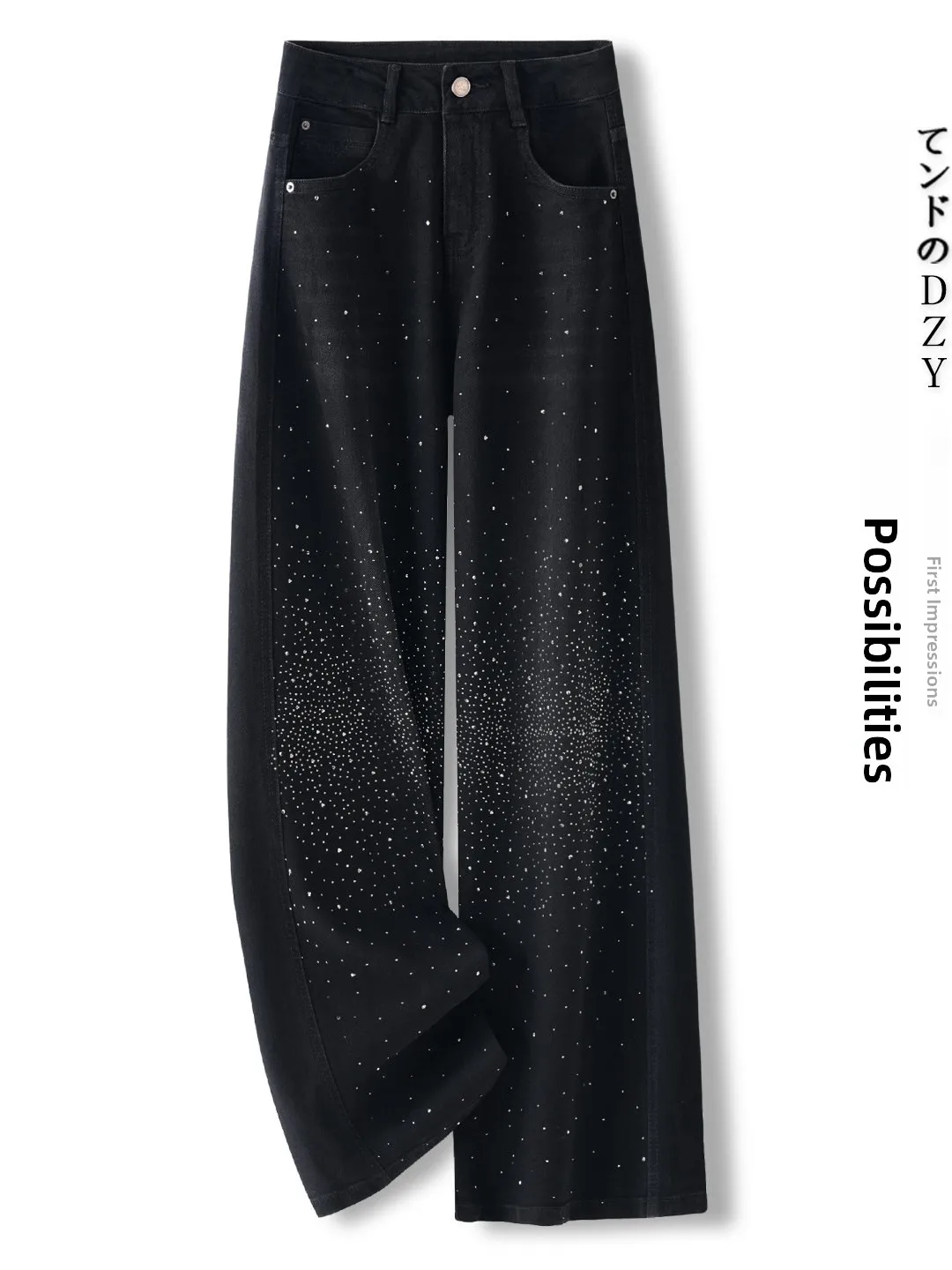 Blue Rhinestone Wide Leg Denim Jeans Women's Spring Autumn New Super Beautiful Slimming Straight Cut Pants High Waist
