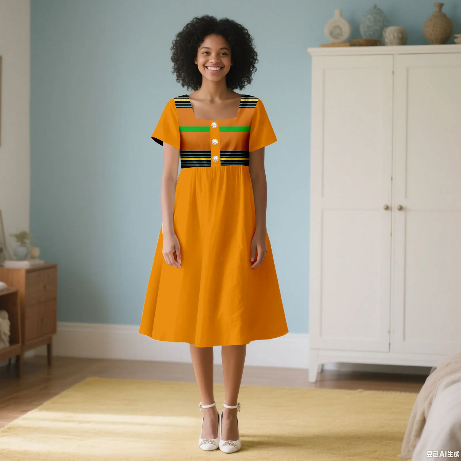 Afripride Custom African Dashiqi Dress, Women's Style, Short Sleeve with Ankara Print Fabric Panel at the Chest 2525105