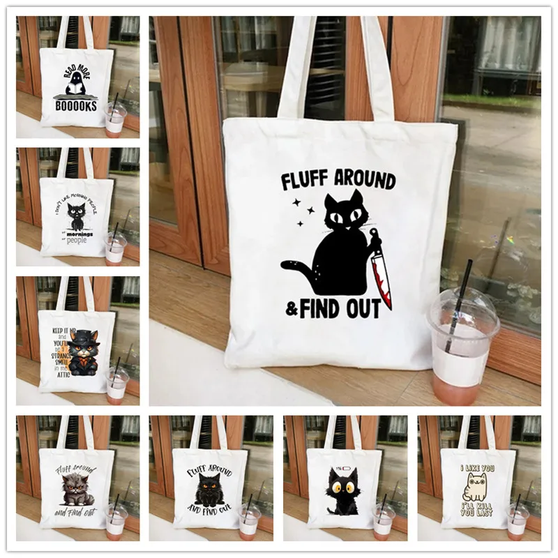 Cartoon Black Cat Women Tote Bags Eco Canvas Shoulder Bags Shopper Handbag Lady PortableTravel Storage Fashion Girl Handbags