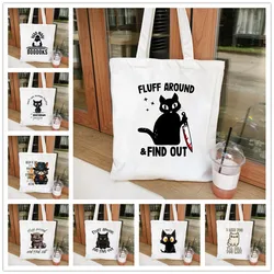 Cartoon Black Cat Women Tote Bags Eco Canvas Shoulder Bags Shopper Handbag Lady PortableTravel Storage Fashion Girl Handbags