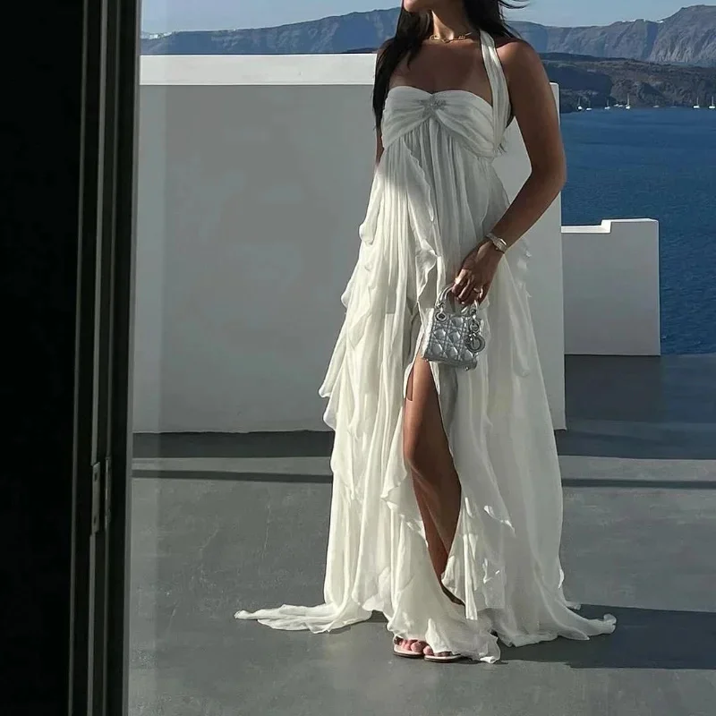 Robe Mi-Longue Élégante à Volants pour Femme, Tenue avec Col Écharpe, Fente Haute, Dos aux, Vacances