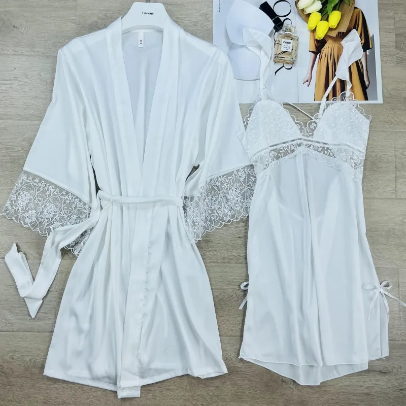 Twinset Robe Suit Female Spaghetti Strap Nightgown With Bathrobe Set Sexy V-Neck Sleepwear Lace Patchwork Loungewear Nightdress