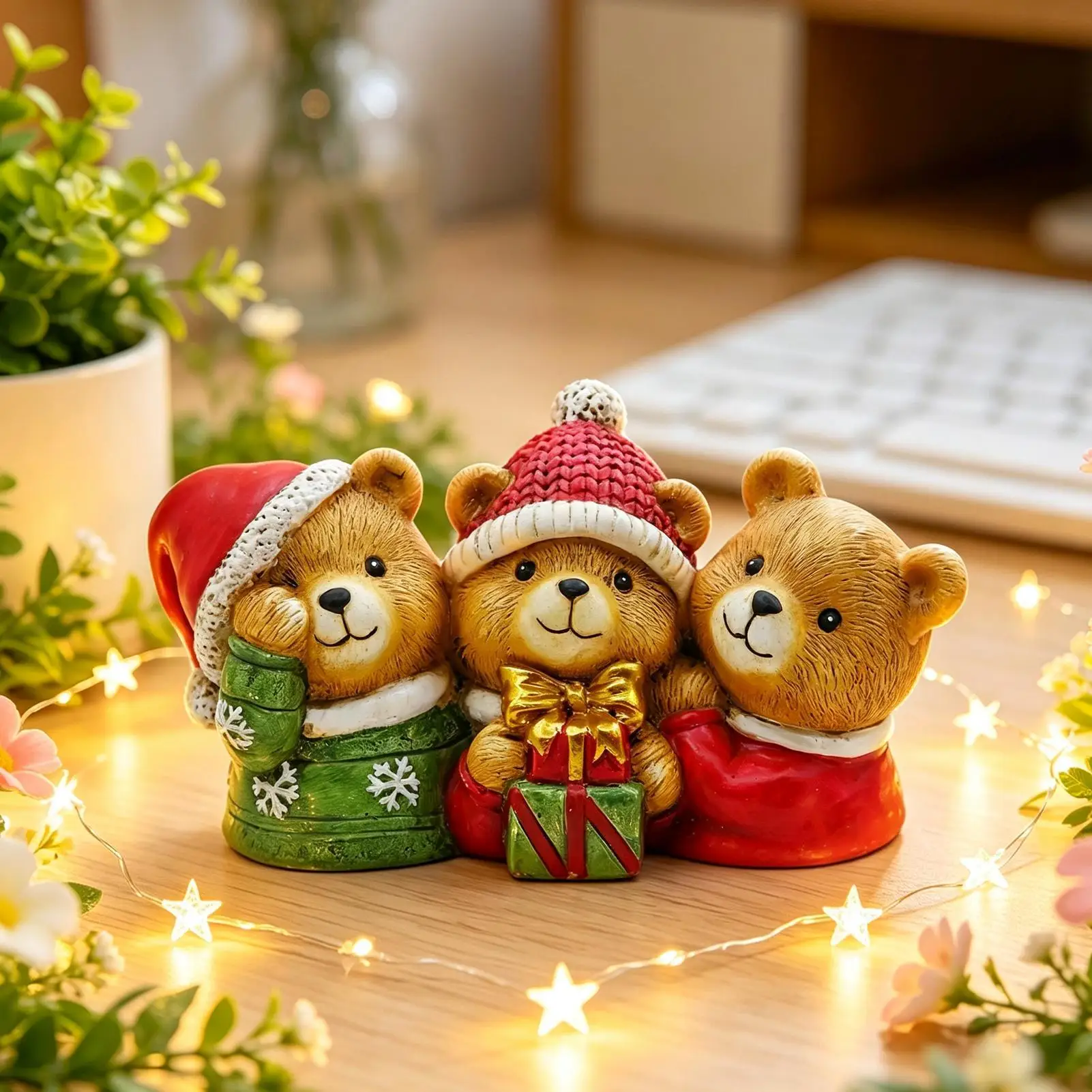 Christmas Figurines Cute Santa Hat Bear Seasonal Decoration Christmas Winter Statues For Living Room Bedroom Office Desk