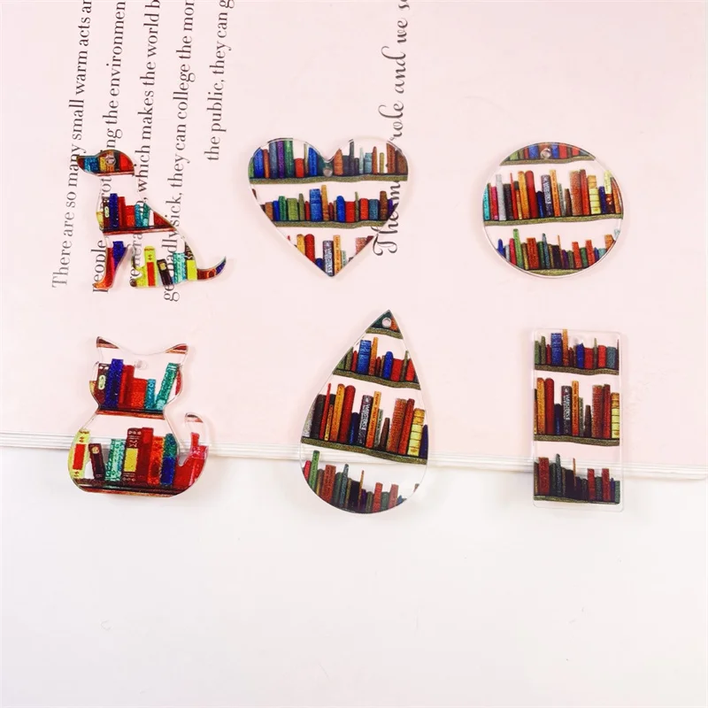50pcs/lot color Bookshelf pattern print cartoon animals hearts rounds water drop shape acrylic beads diy jewelry accessory