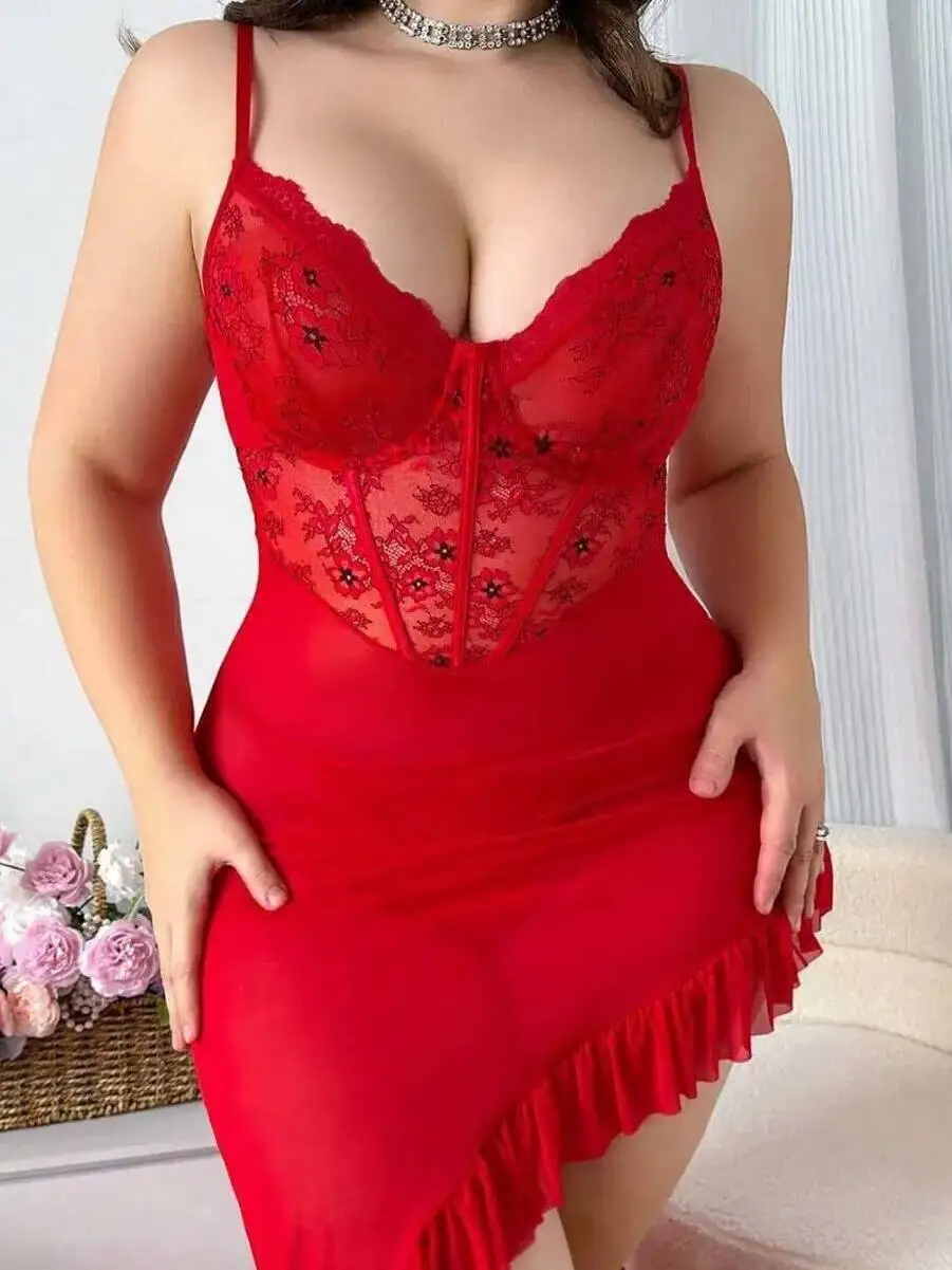 Red Plus Size Lace Nightdress Sheer Mesh Ruffled Hem Sling For Women Romantic Valentine Seductive Sleepwear Dress Elegant 5GUX