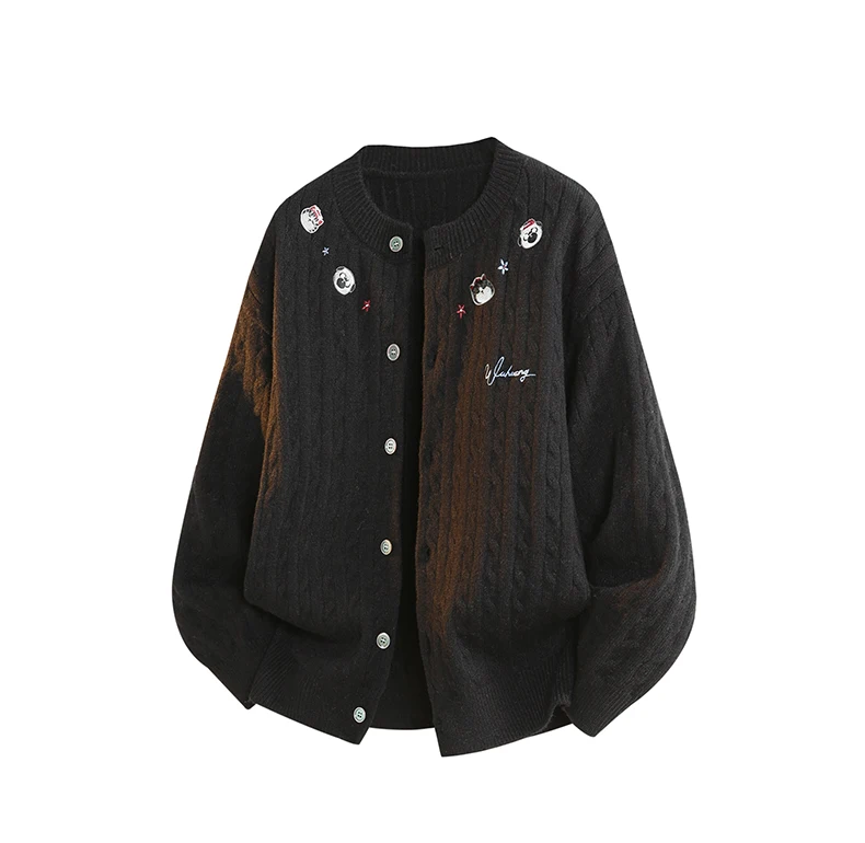 2025 Spring and Autumn New American Style Men's Cartoon Embroidery Light Gray Beige Black Blue Knitted Sweater Cardigan