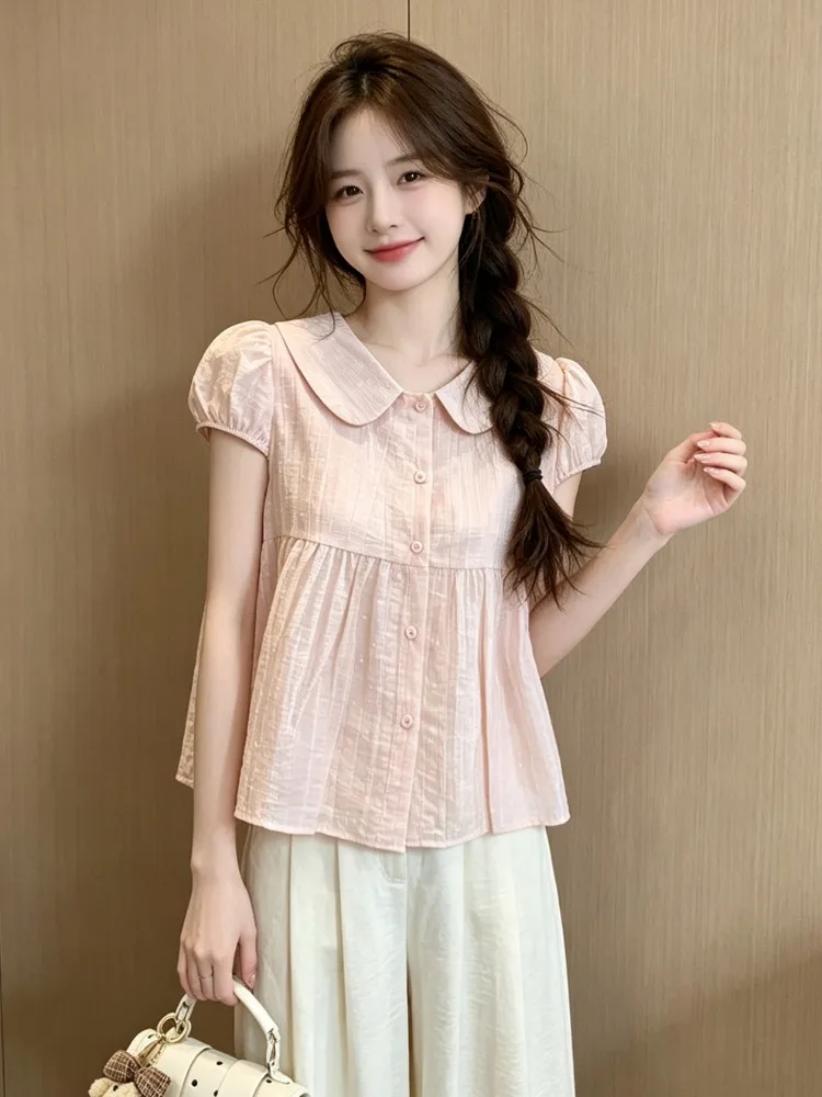 

Korean Style Sweet Polka Dot Doll Collar Bubble Sleeve Shirt Short Sleeve Fashion Top for Women City Walk Summer Breathable S...