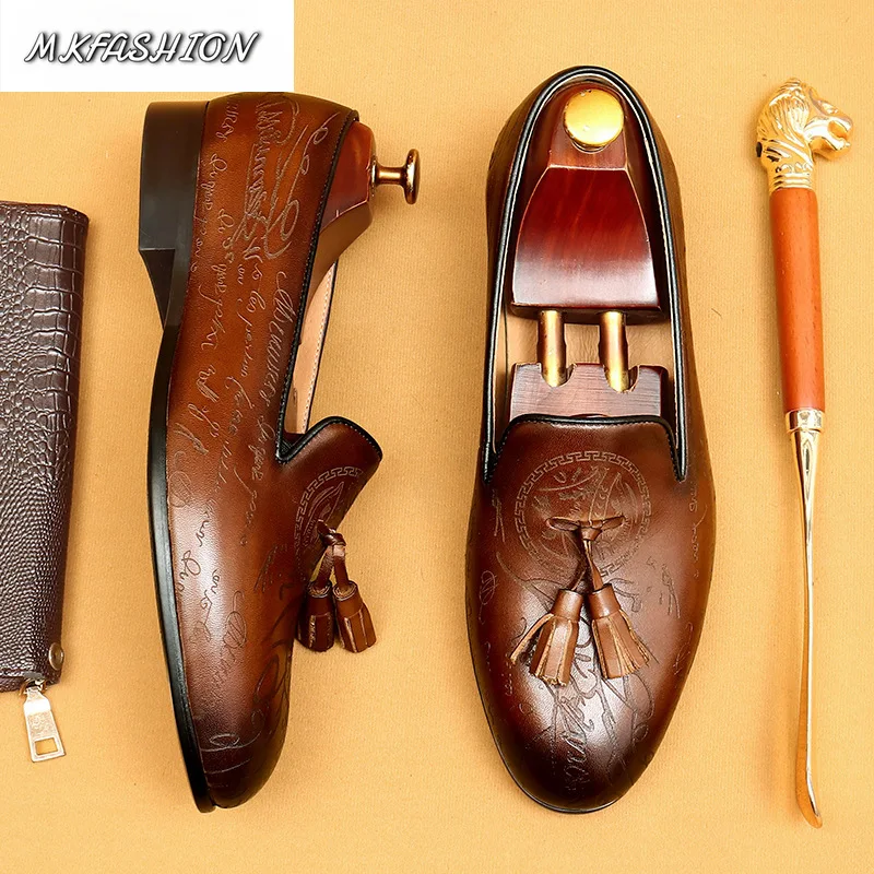 New Men's Business Casual Shoes Genuine Leather Slip On Flats with Tassel Loafers Male Footwear