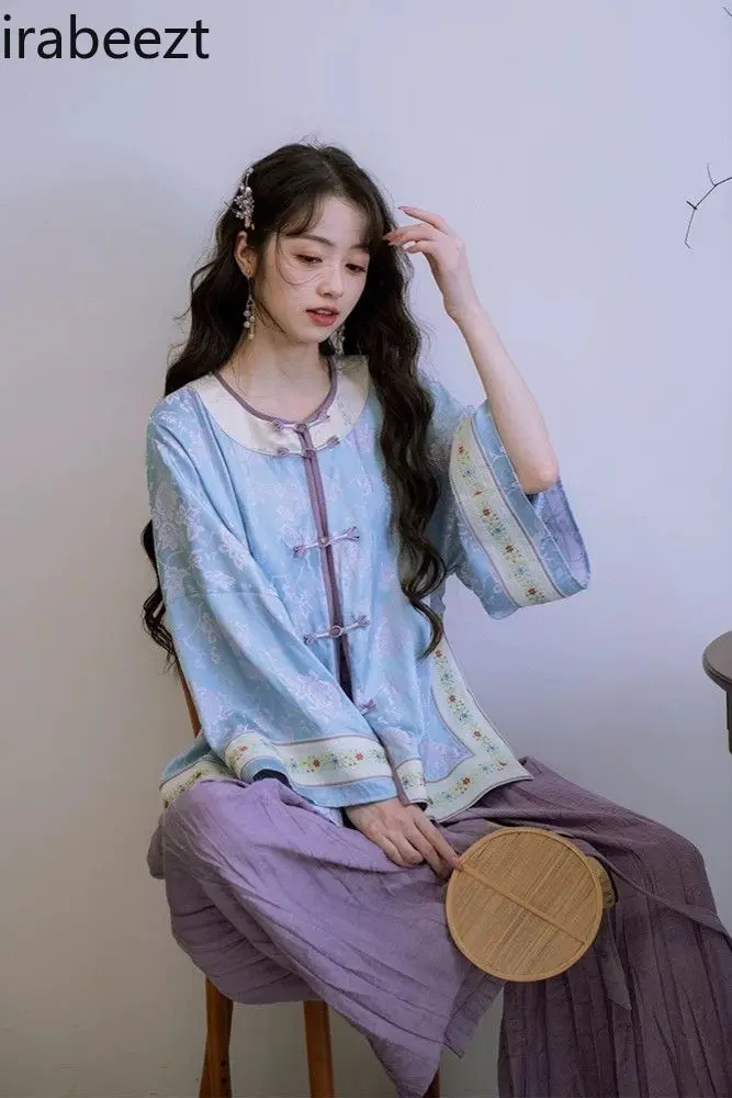 

Chinese Vintage Style Fitted Waist Top & Wide-Leg Pants Set Autumn Romantic Fairy-Like Outfit Traditional Hanfu Women's Clothing