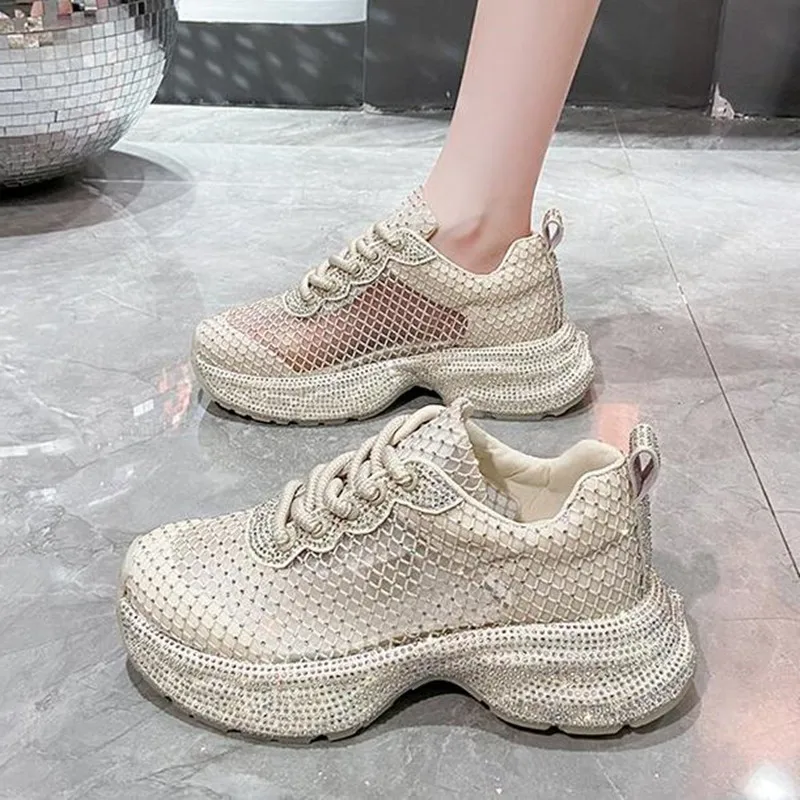 5 سنتيمتر الفاخرة الاصطناعية الهواء شبكة الأب حجر الراين فلكنيز أحذية رياضية مكتنزة الترفيه بلينغ المرأة منصة عادية إسفين الصيف الخريف #1