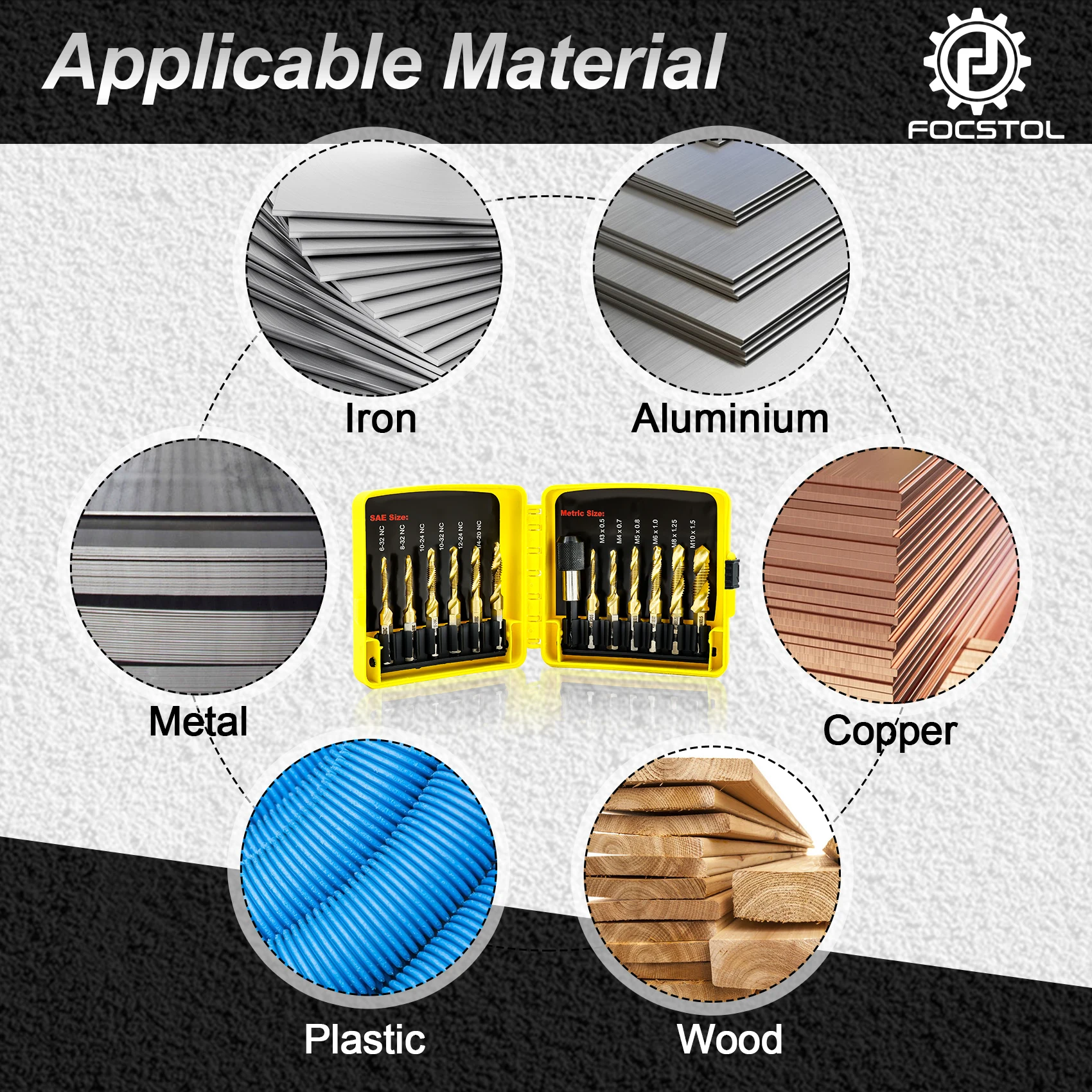 FOCSTOL 13pcs Tap Drill Bit Set Hex Shank HSS Composite Tap Drilling Tapping Chamfering Countersinking Iron Aluminum Copper