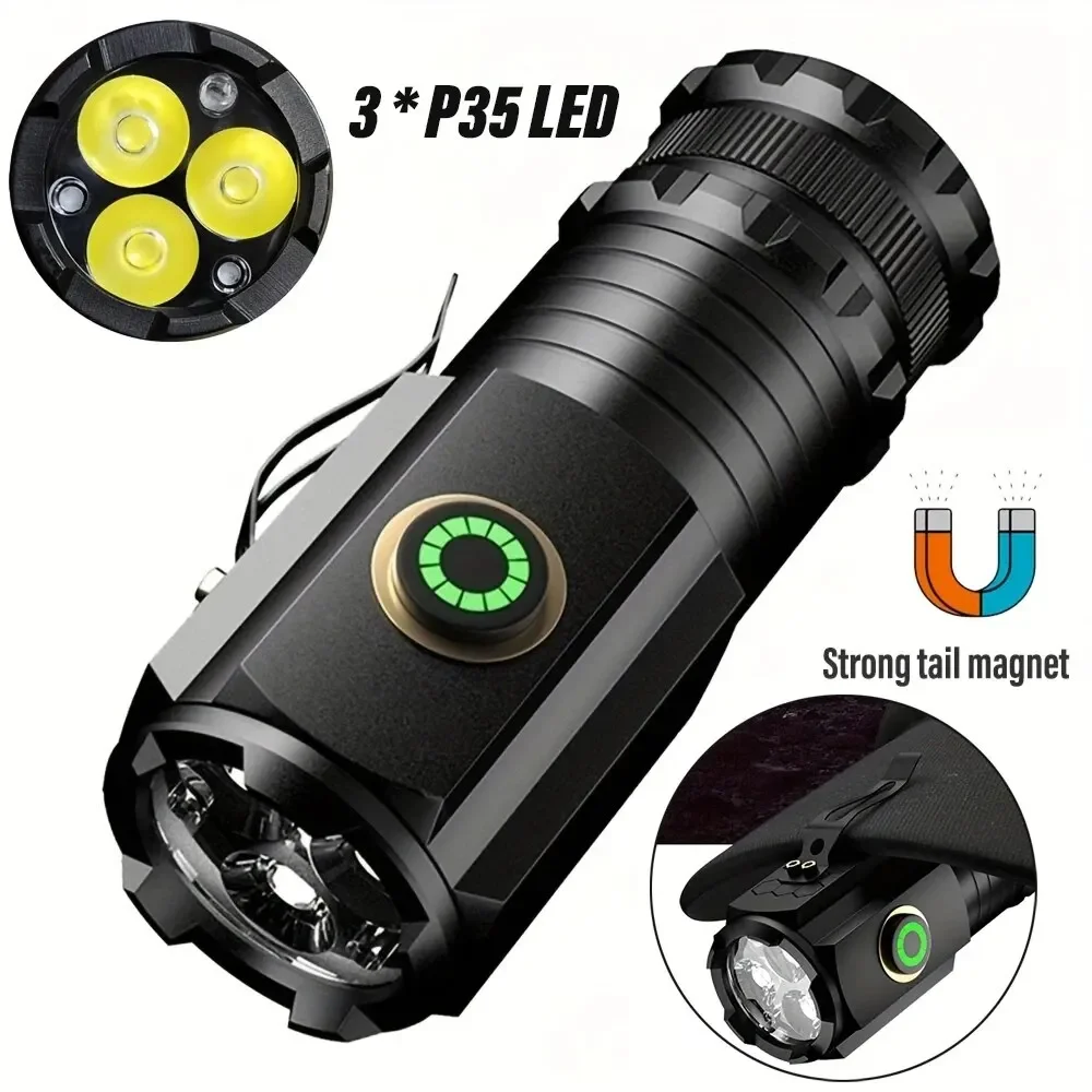 3LED Powerful Mini Flashlight USB Rechargeable Portable Torch with Magnet 5 Lighting Modes Multifunction Bright Clamp Cap Lamp