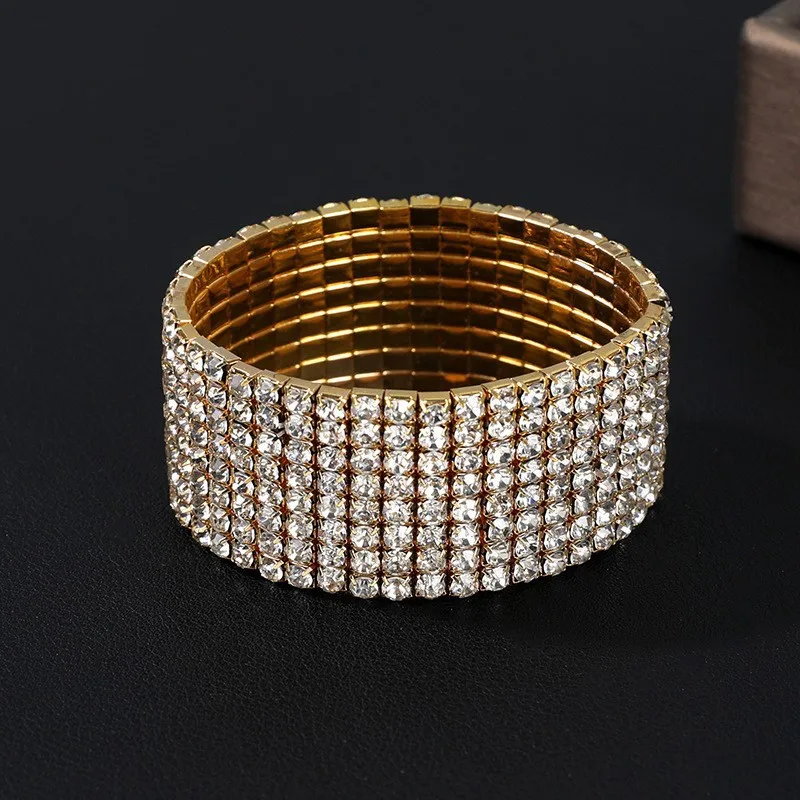 1-8Rows Full Rhinestone Crystal Bracelets For Women Fashion Silver Gold Color Elastic Bracelets Female Party Wedding Jewelry