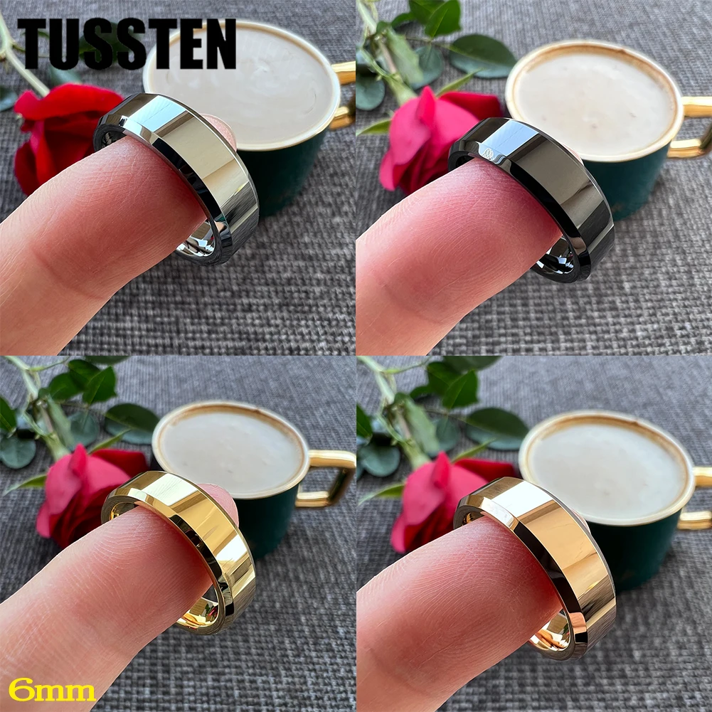 TUSSTEN 6/8MM Men Women Tungsten Engagement Wedding Band Ring High Polished Beveled Finish Comfortable Fit