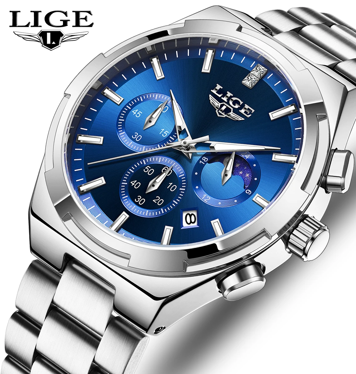 

LIGE лучшие деловые мужские часы из нержавеющей стали с фазой Луны, модные мужские часы с календарем, кварцевые наручные часы Relogios Masculino + коробка