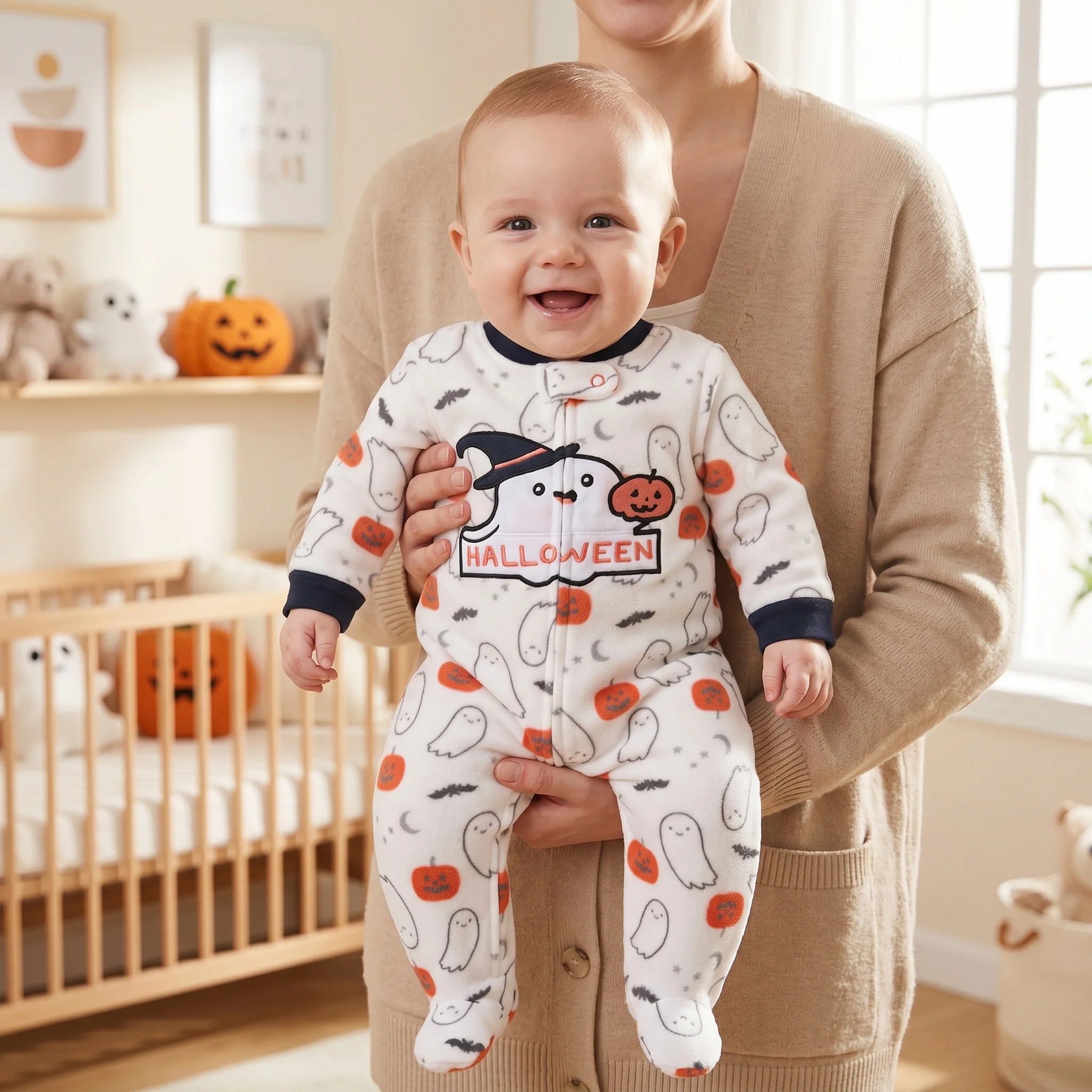 Halloween Süßer Bestickter Baby-Strampler mit Füßen, Warmes Fleece mit Reißverschluss, Kürbis-Allover-Print für Neugeborene Jungen, Herbst-Winter-Outfit