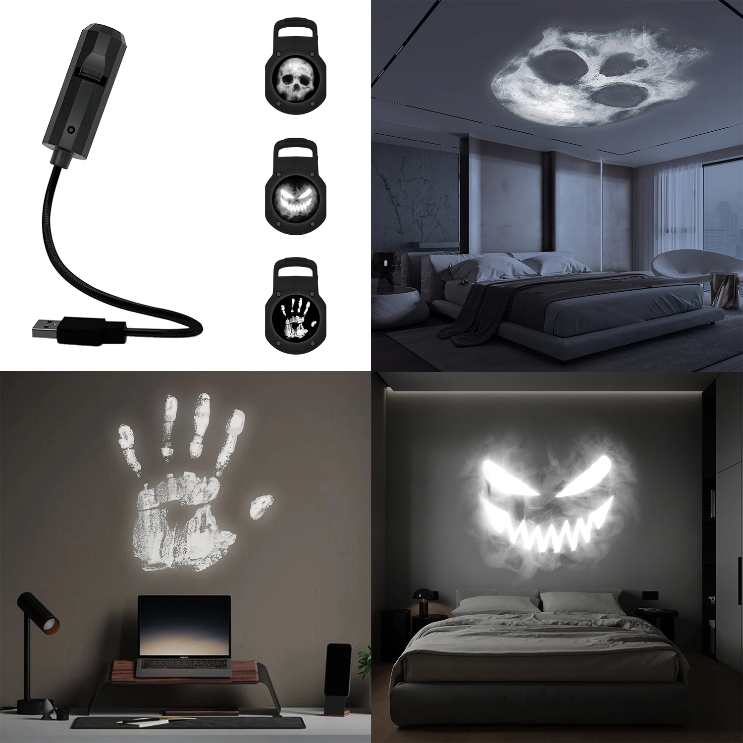 Skull projection lamp, 1+3 switchable pattern design, LED night light, suitable for room wall ceiling decoration, Halloween gift