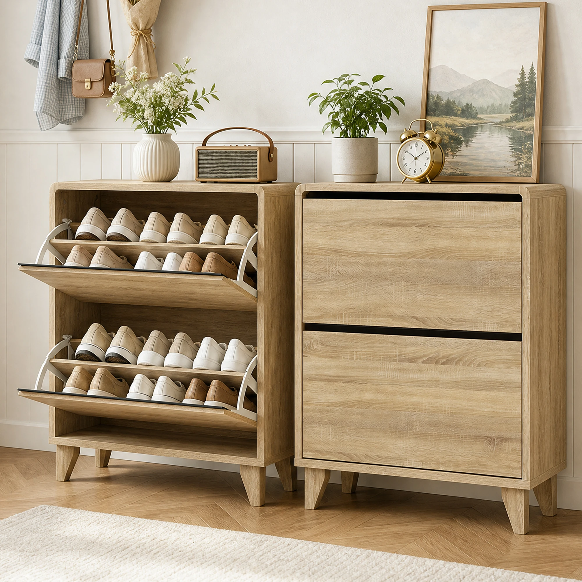 TCGBKAF Slim Narrow Shoe Cabinet with 2 Flip Drawers, Freestanding Shoe Storage Organizer, Adjustable Removable Shelves, Top Display Shelf, Entryway Hallway Shoe Rack