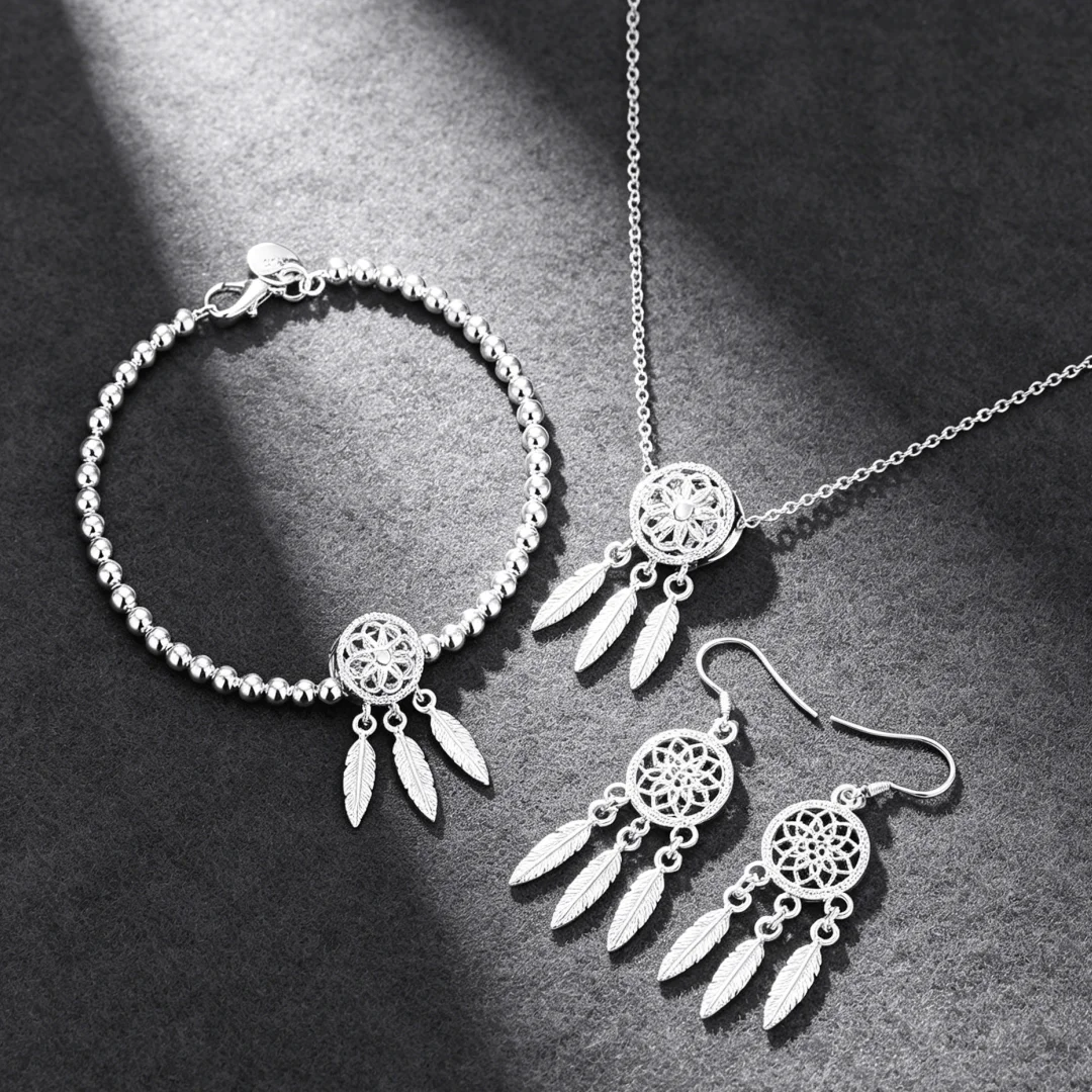 Conjunto de Joyería de Diseño Original en Plata de Ley 925, Hermoso Atrapasueños, Collar, Pendientes y Pulsera para Mujer, Regalos de Moda