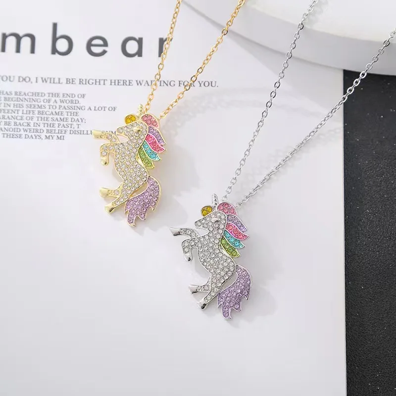 Fashion cute unicorn necklace Valentine\'s Day Colorful pony pendant Student Christmas gift lady sweater chain pendant