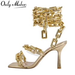 Onlymaker Women Gold Square Toe Metal Chain Lace-up Stiletto Sandals Open Toe Sexy Party Stiletto Sandals