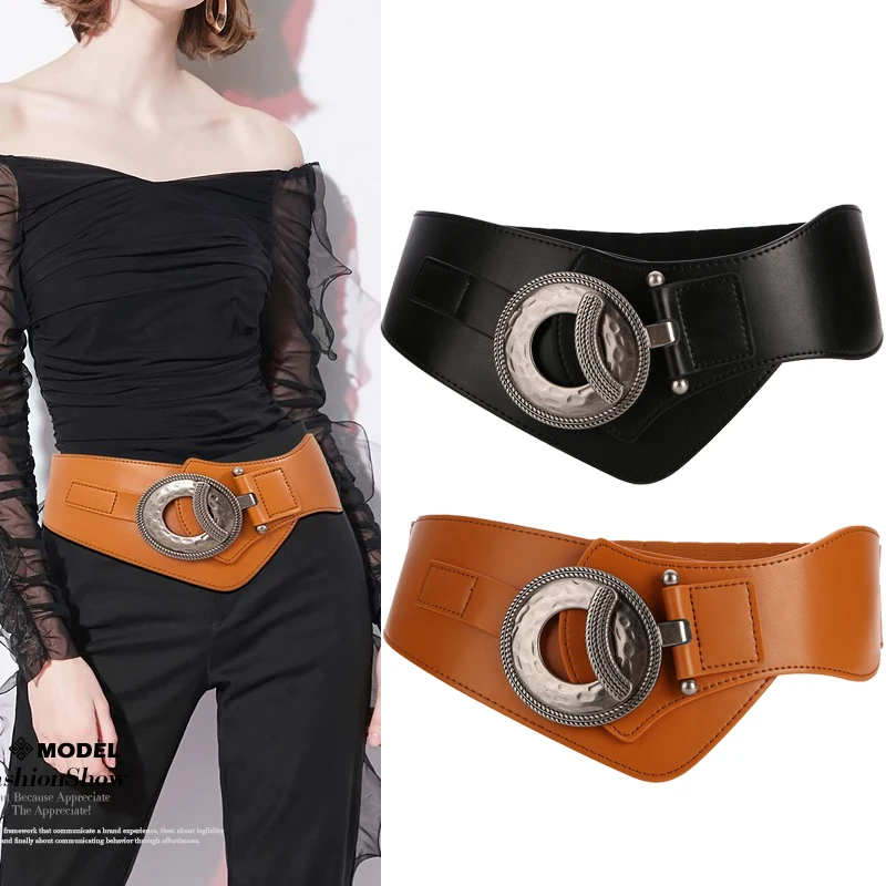 

New Luxury Wide Women Belt Elastic Retro Silver Buckle Leather Fashion Matching Female Dress Waist Seal Strap Designer Waistband