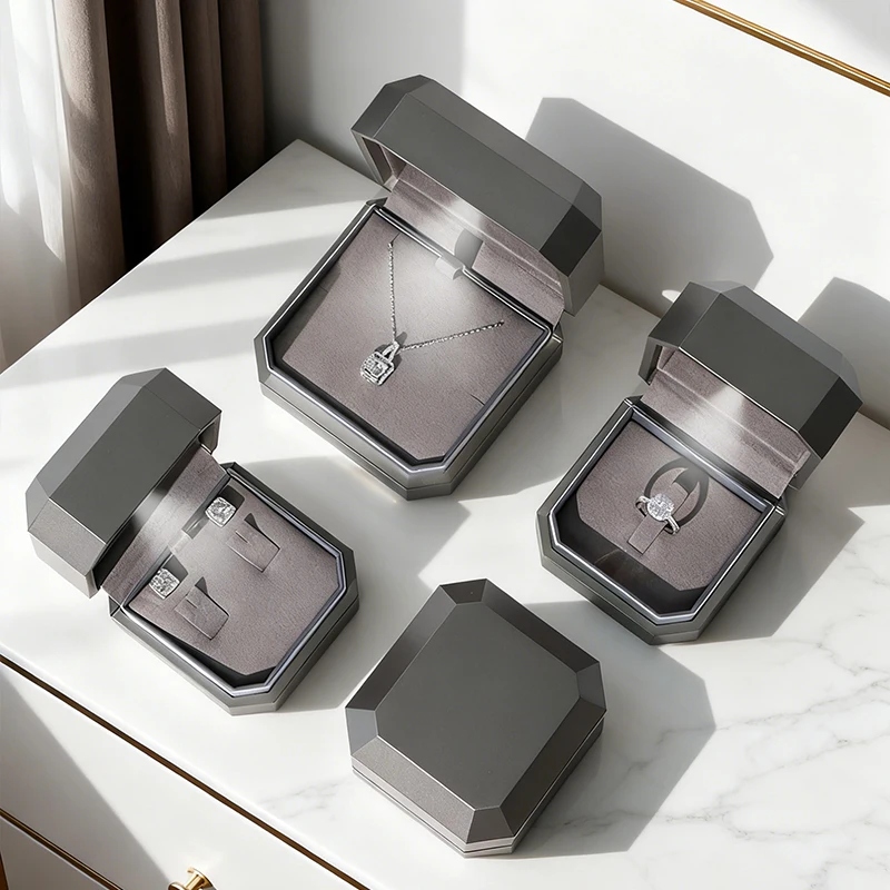 Light Luxury Octagonal Painted Jewelry Box, Gray with LED Light, Ring Necklace Bracelet Packaging & Display Box