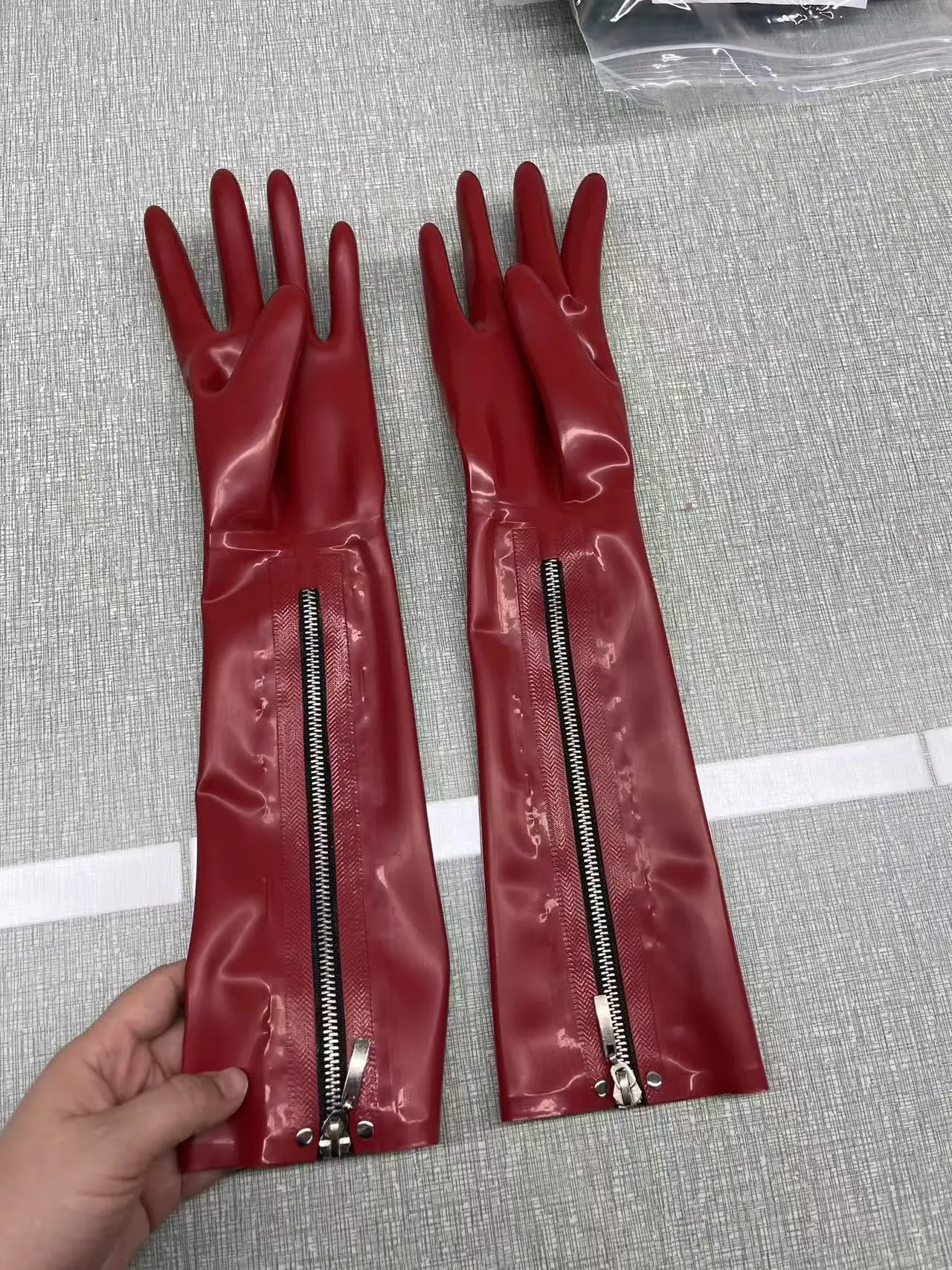 red Latex Long Gloves with Zipper