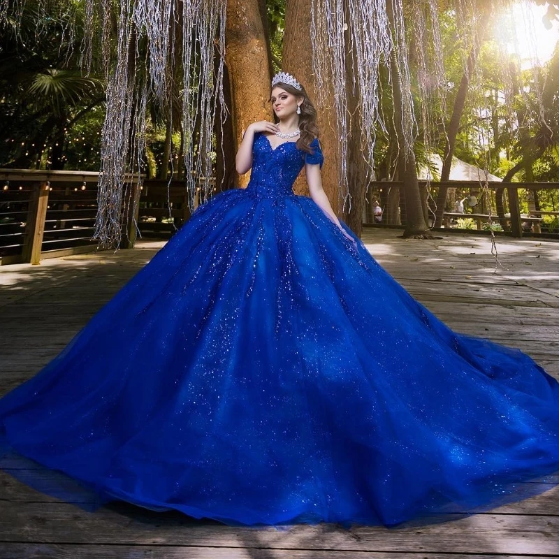 Azul real brilhante quinceanera vestidos fora do ombro miçangas cristal tull festa de aniversário vestido de baile doce 16 vestido de