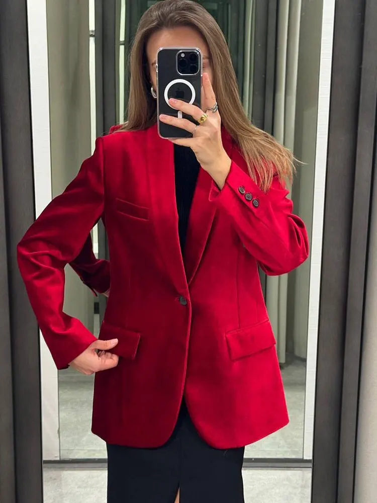 TRAF Female Blazers Coats Red Turn Down Collar Long Sleeves Pockets Decorate Single Button Woman\'s Fashion Spring Jackets