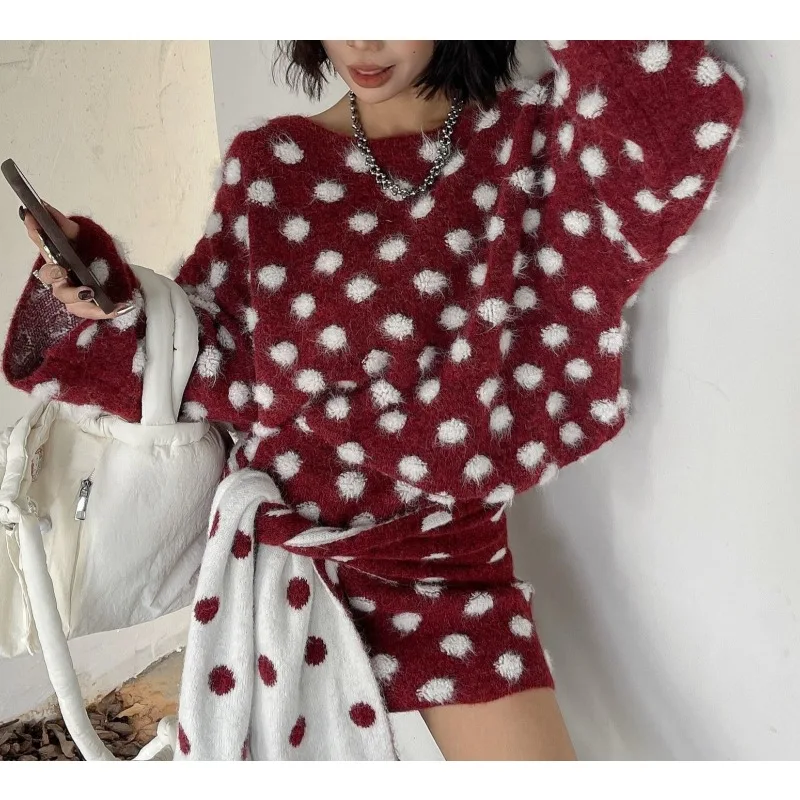 كسول الرياح منقطة المرأة محبوك سترة قصيرة تنورة وشاح ثلاث قطع مجموعة 2025 الخريف والشتاء سترة دافئة عصرية #3