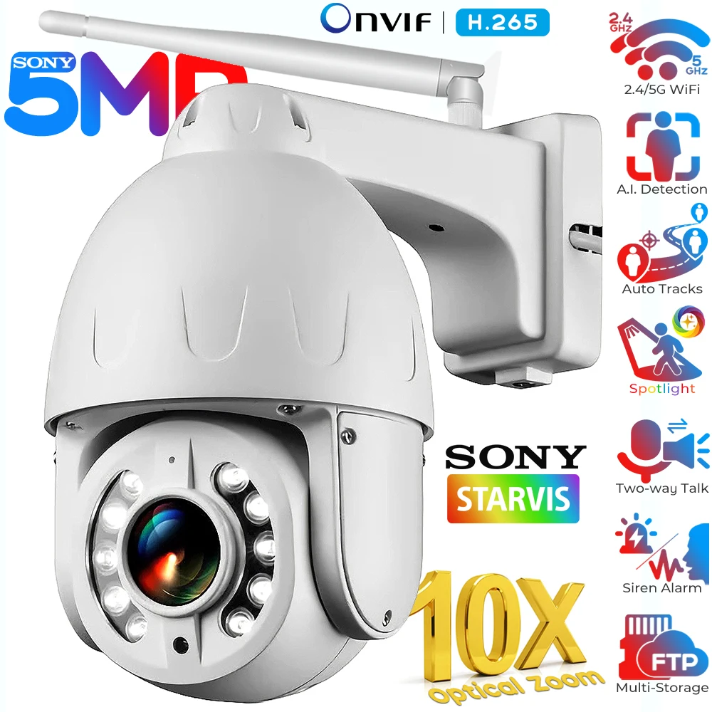 5MP 5X/10X Optical Zoom WiFi PTZ IP Camera Outdoor Color Night View Human Detect Auto Tracking CCTV Surveillance Security Camera