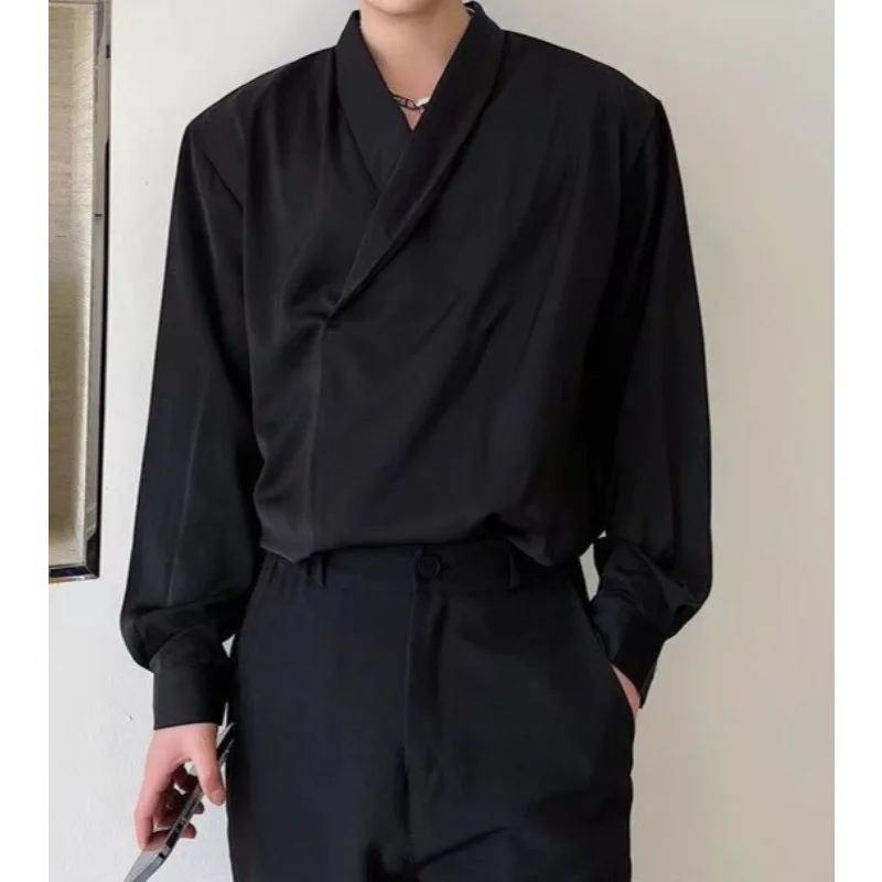 

2025 Spring and Summer High-end Silky Shirt Men's Long-sleeved Loose Lazy Wind Pendant Satin Shirt Pullover Thin