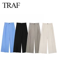 TRAF 2024 Women Casual Solid Wide Leg Pants Female Vintage Summer High Waist Pleated Women's Pants Streetwear Chic Lady Trousers