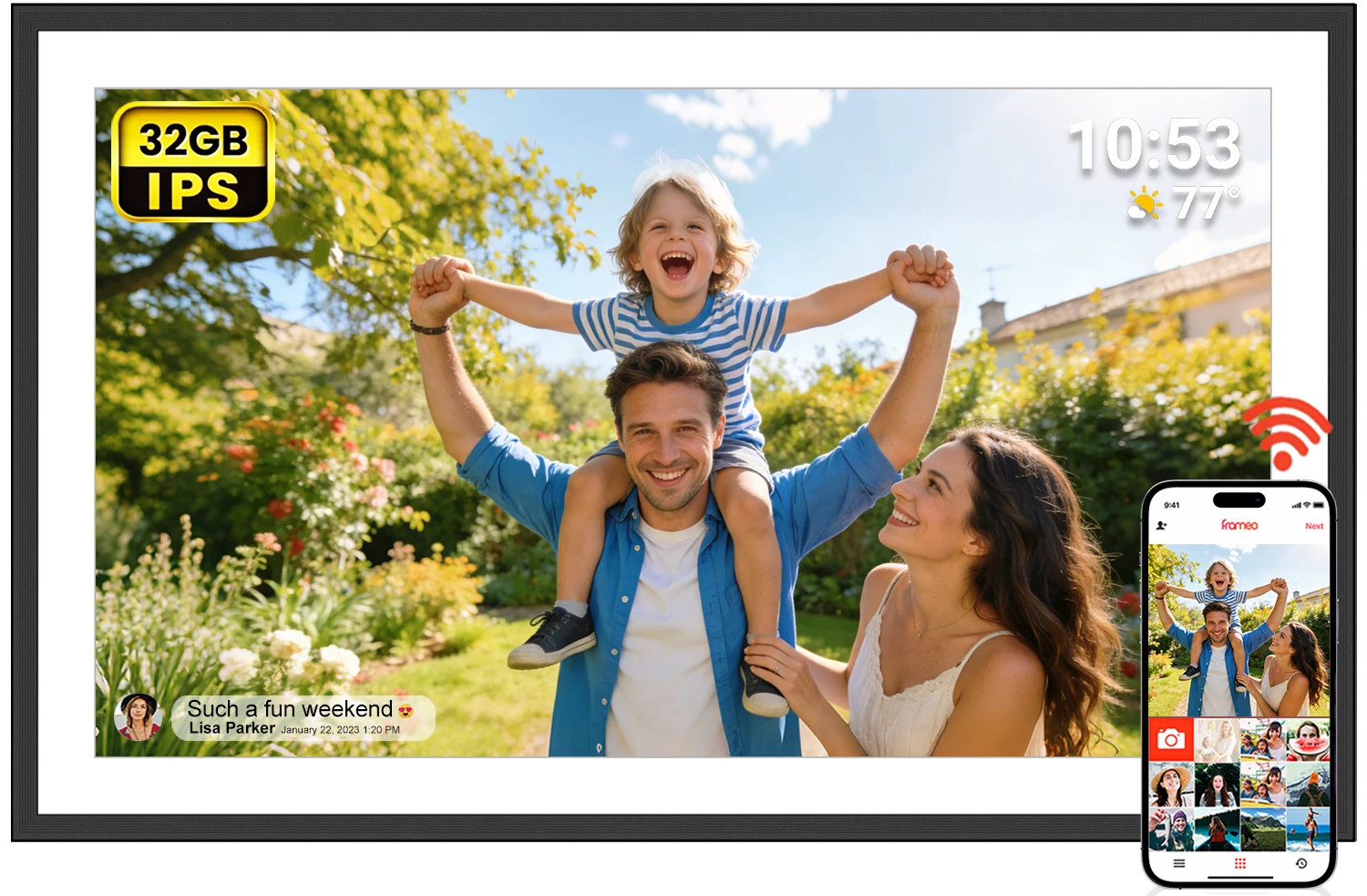 

FRAMEO 15.6 Inch 32GB Large Digital Photo Frame, Digital Picture Frame WiFi, IPS HD Touch Screen, Photo Frame with Auto-Rotate