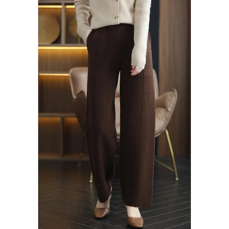 2022 Spring Autumn New 100% Pure Wool Cashmere Pants Women\'s High Waist Straight Pants Loose Casual All-match Knitted Trousers