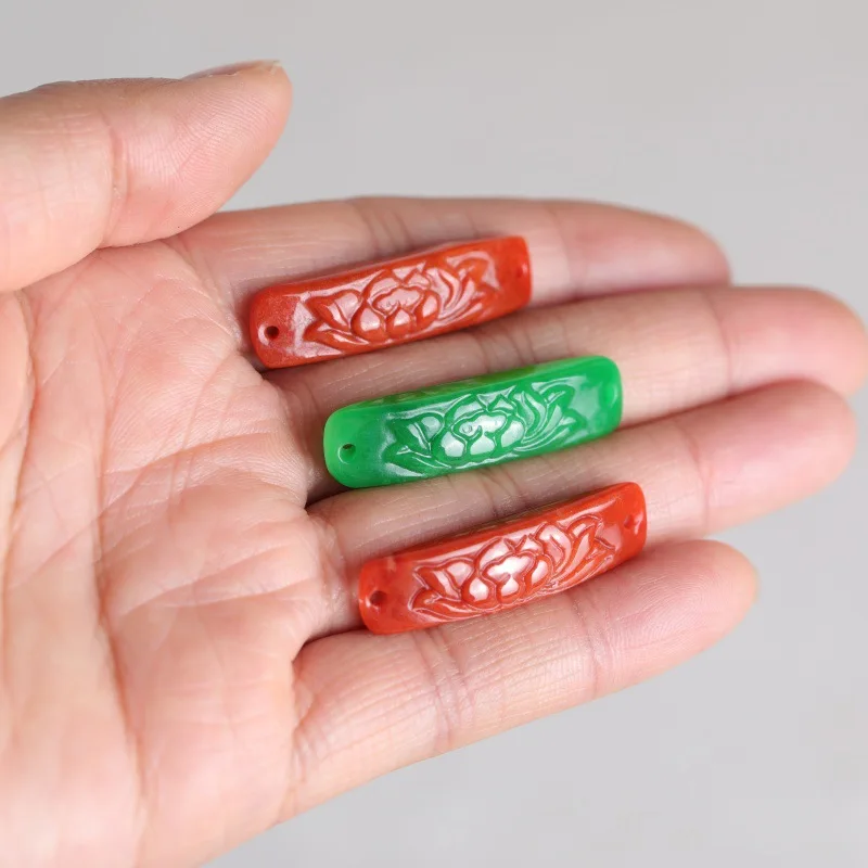 

1PC Natural Dry Cyan Jade Red Emerald Lotus Hand Card DIY Bracelet Charm Jewellery Fashion Accessories Amulet Gift Women