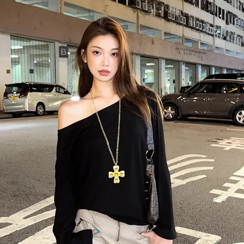 قبالة الكتف المحملة المتضخم الجرونج الصلبة تي شيرت غير رسمي مطوي خمر بسيط Y2k الشارع الشهير بلايز الكورية Y2k القمم ثقافة فرعية #4