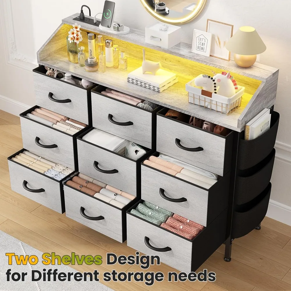 

Подставка под телевизор для спальни с 9 ящиками, светодиодной подсветкой и зарядным портом для гостиной и прихожей