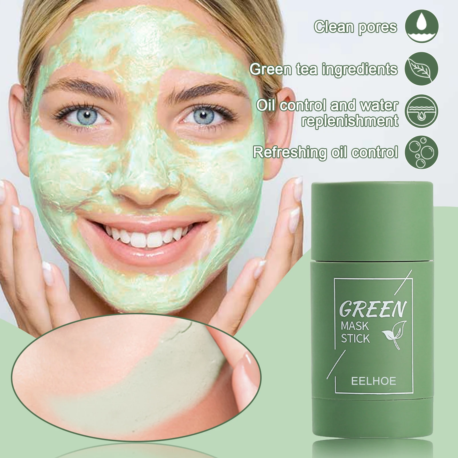 Green Tea Solid Mask Stick - Deep Cleansing & Hydrating, Pore Refining Care, Non-Drying Mess-Free Applicator Clay Mask