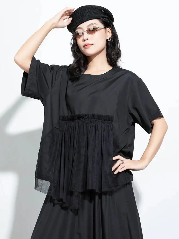

Women Black Mesh Irregular Big Size Casual T-shirt New Round Neck Short Sleeve Fashion Tide Spring Summer