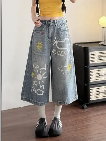 American Graffiti Print High Waist Loose Wide Leg 7/8 Length Women's Jeans Casual Summer Cotton Blend Comfortable Shorts