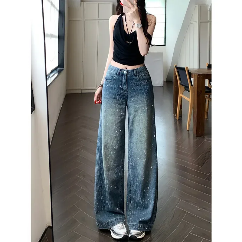 

Women's High-Waisted Rhinestone Wide Leg Jeans Spring Autumn Heavy Duty Baggy Denim Trousers Sparkly Y2K Style Casual Pants