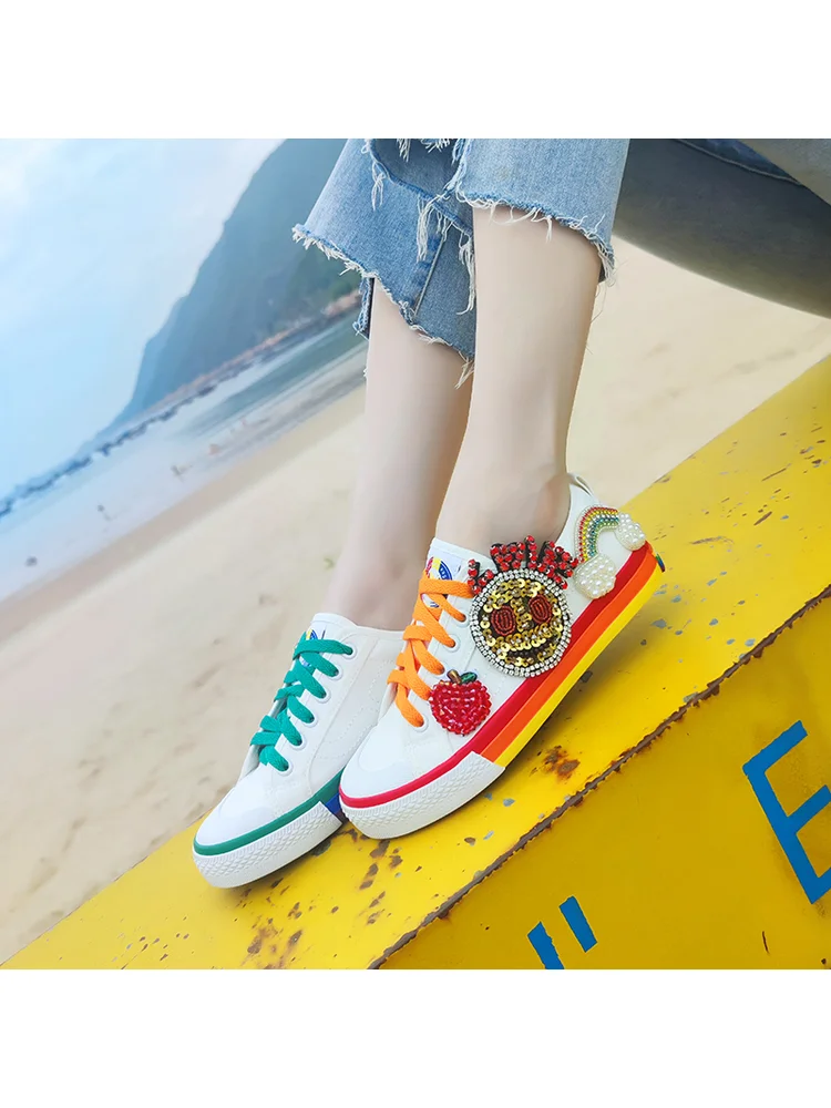 Original Canvas White Shoes For Women 2025 New Lace Up Rainbow Casual Board Shoes Rhinestone Flat Canvas Shoes Lolita Women